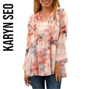 Karyn Seo NWT Silk Blend V-Neck Long Sleeve Pleated Perla Pink Blouse ~ Size XL